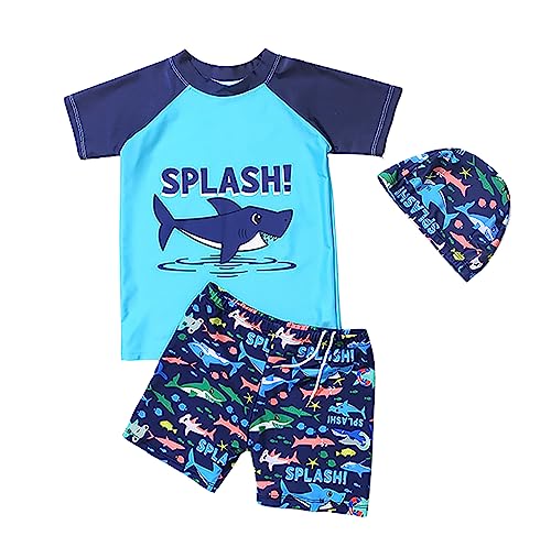 NautySaurs Boys Swimming Costume Two Piece Swimwear with Cap for Kids Dinosaurs Shark Rash Guards Trunks Swim Set (Haiblau, 6-7 Jahre) von NautySaurs