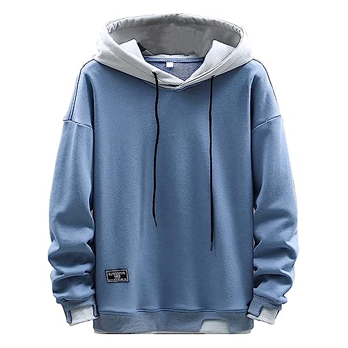 NautySaurs Herren Hoodies Patchwork Hut Einfarbig Bluse Unisex Kapuzenpullover Langarm Pullover Casual Mode Sweatshirt, Blau, 2XL von NautySaurs