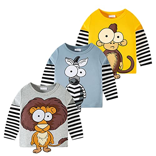 NautySaurs Jungen Langarm T-Shirt Kinder Niedliche T-Shirts Mädchen Tier Grafik Tops Weltraum Astronaut Schwarz und Weiß Streifen Unterhemden, Set 3, 2 Jahre von NautySaurs