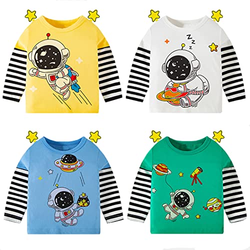 NautySaurs Jungen Langarm T-Shirt Kinder Niedliche T-Shirts Mädchen Tier Grafik Tops Weltraum Astronaut Schwarz und Weiß Streifen Unterhemden, Set 4, 2 Jahre von NautySaurs