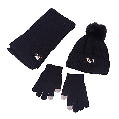 NautySaurs Jungen Mädchen Mütze Schal und Handschuhe Set Winter Thermo Strick Häkelmütze Bommelmütze Fleece Gefüttert Beanie für Kinder im Alter von 2-8 Jahren, Schwarz, Einheitsgröße von NautySaurs