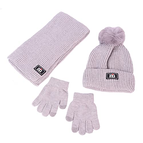 NautySaurs Jungen Mädchen Mütze Schal und Handschuhe Set Winter Thermo Strick Häkelmütze Bommelmütze Fleece Gefüttert Beanie für Kinder im Alter von 2-8 Jahren, grau, Einheitsgröße von NautySaurs