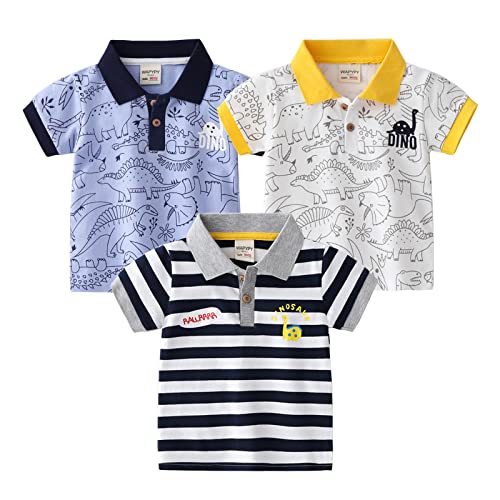 NautySaurs Jungen Polo Shirts Dinosaurier Cartoon Top 3 Packungen Kurzarm T-Shirts für 2-6 Jahre Kinder, Blau + Weiß + Streifen, 2 Jahre von NautySaurs