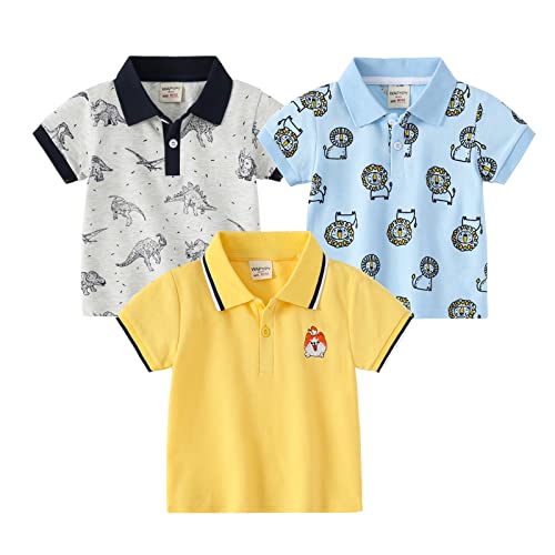 NautySaurs Jungen Polo Shirts Dinosaurier Cartoon Top 3 Packungen Kurzarm T-Shirts für 2-6 Jahre Kinder, Grau+Blau+Gelb, 5 Jahre von NautySaurs