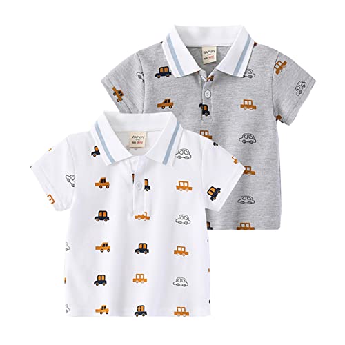 NautySaurs Jungen Polo Shirts für 2-6 Jahre Kinder Dinosaurier Cartoon Auto Kurzarm T-Shirts 2-Pack (Auto-Grau+Weiß, 6 Jahre) von NautySaurs