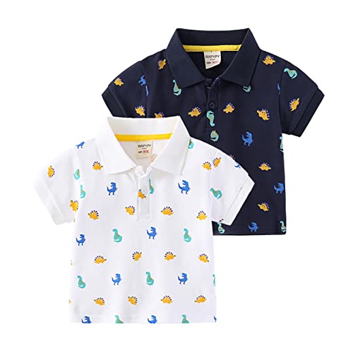 NautySaurs Jungen Polo Shirts für 2-6 Jahre Kinder Dinosaurier Cartoon Auto Kurzarm T-Shirts 2-Pack (Dinosaurier-Weiß+Navy, 4 Jahre) von NautySaurs