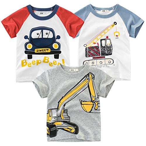 NautySaurs Jungen-T-Shirts, kurzärmelig, Sommer-Top, Kleinkind, Dinosaurier, Auto, Bagger, 3er-Pack, für 1–6 Jahre, Auto-Set 01, 6 Jahre von NautySaurs