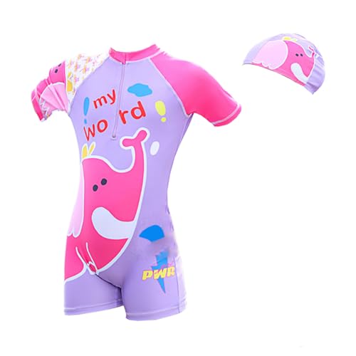 NautySaurs Mädchen Badeanzug Kinder Einteiler Badeanzug Kinder Niedlich Tier Bademode mit Badekappe, Elefant Lila, 4-5 Jahre von NautySaurs