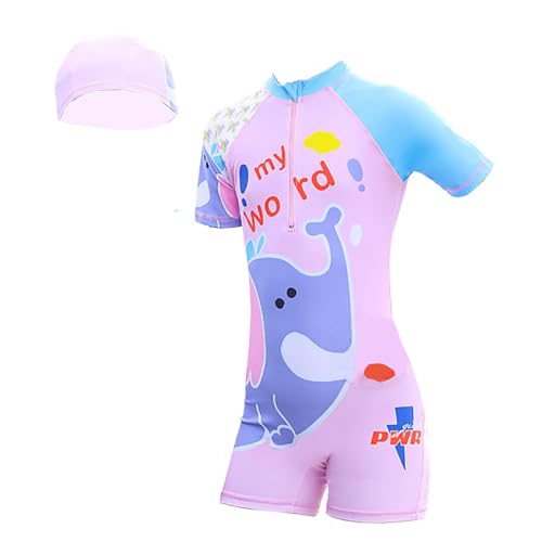 NautySaurs Mädchen Badeanzug Kinder Einteiler Badeanzug Kinder Niedlich Tier Bademode mit Badekappe, Elefant Rosa, 2-3 Jahre von NautySaurs