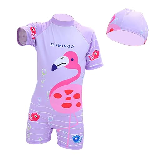 NautySaurs Mädchen Schwimmen Kostüm Kinder Einteiler Badeanzug Kinder Niedlich Flamingo Bademode mit Badekappe, Lila, 4-5 Jahre von NautySaurs