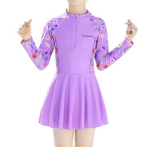 NautySaurs Mädchen Badeanzug Langarm Einteiler Badeanzug mit Rock Große Kinder Bademode mit Badekappe, Lila, 11-12 Jahre von NautySaurs