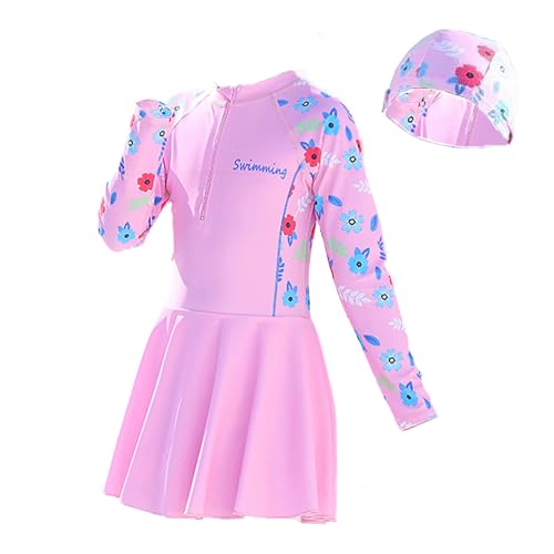 NautySaurs Mädchen Badeanzug Langarm Einteiler Badeanzug mit Rock Große Kinder Bademode mit Badekappe, Rosa, 9-10 Jahre von NautySaurs