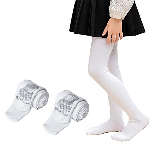 NautySaurs Mädchen Ballett Strumpfhose Tanz Frühling Herbst Thermo Baumwolle Strümpfe Dehnbar Weich Schule Strumpfhose für Kinder 3-11 Jahre, Weiß - 2 Paare, 3-5 Jahre von NautySaurs