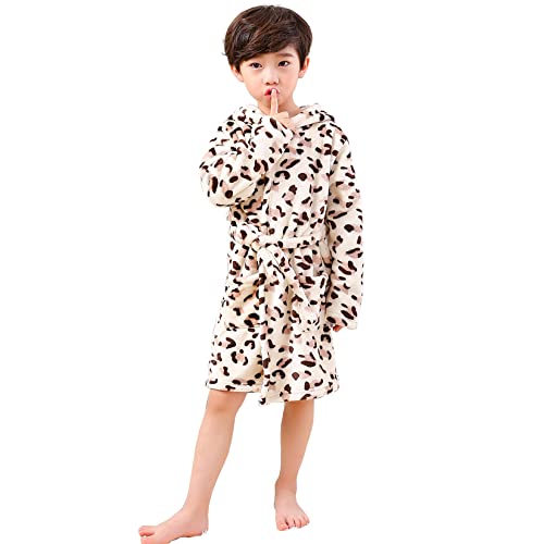 NautySaurs Mädchen Kleid Kleid Kinder Bademantel Weiche Thermische Kapuze Roben für Kleinkind Kinder 1-8 Jahre (Kaffee Leopard, 3-4 Jahre) von NautySaurs