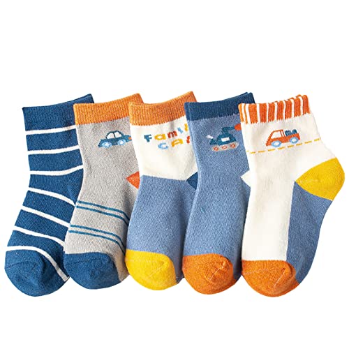 NautySaurs Pack von 5 Jungen Socken Herbst Winter Sport Baumwolle Elastische Mitte Waden Socken für Kleinkind Kinder Alter 1-8 Jahre, Auto, 1-2 Jahre von NautySaurs