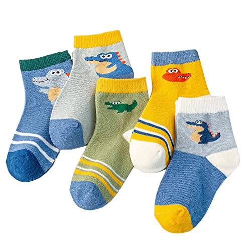 NautySaurs Pack von 5 Jungen Socken Herbst Winter Sport Baumwolle Elastische Mitte Waden Socken für Kleinkind Kinder Alter 1-8 Jahre, Krokodil, 1-2 Jahre von NautySaurs