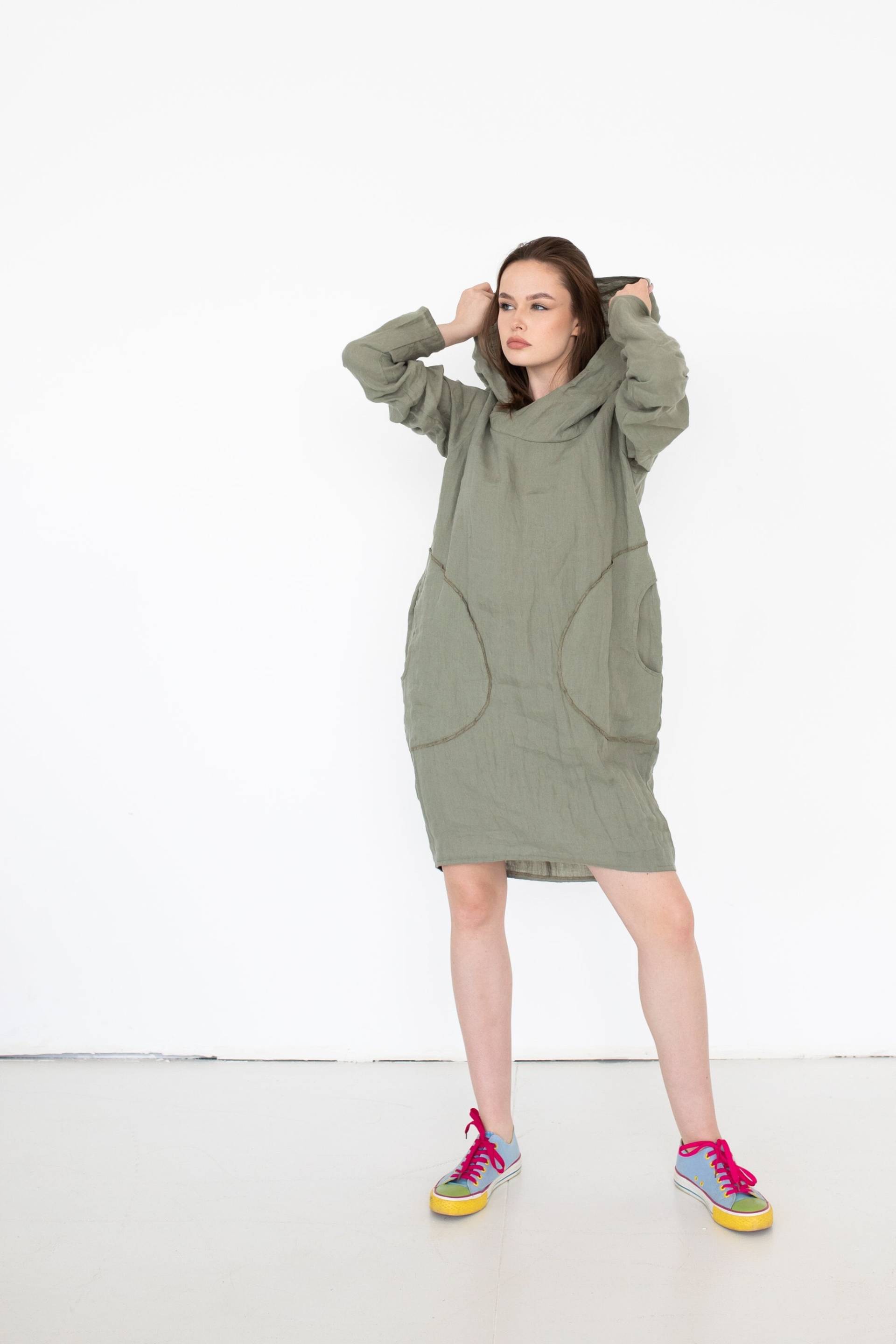 Kapuzenkleid, Leinen Übergroße Tunika, Kleid Mit Großer Kapuze, Midi-Hoodie-Kleid, Bequeme Kleidung, Langarmkleid, Plus Size Gemütlich von NavahoClothing