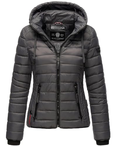 Navahoo Damen Steppjacke XS-XXL leichte Übergangsjacke mit abnehmbarer Kapuze, wasserabweisend, taillierter Schnitt B650 (S,Anthrazit) von Navahoo