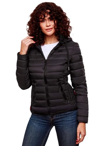 Navahoo Damen Steppjacke XS-XXL leichte Übergangsjacke mit abnehmbarer Kapuze, wasserabweisend, taillierter Schnitt B650 (S,Schwarz) von Navahoo
