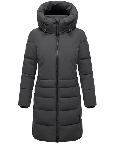 Navahoo Damen Langer Wintermantel warmer Steppmantel mit hohem Kragen und zur Hälfte kuscheligem Fleece-Innenfutter Mondnebel XIV Anthracite Gr. S von Navahoo