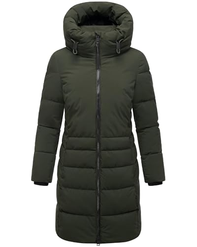 Navahoo Damen Langer Wintermantel warmer Steppmantel mit hohem Kragen und zur Hälfte kuscheligem Fleece-Innenfutter Mondnebel XIV Dark Olive Gr. S von Navahoo