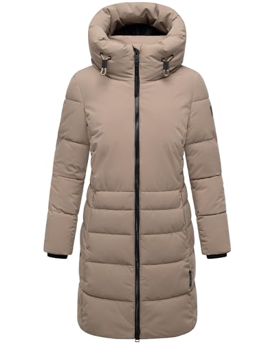 Navahoo Damen Langer Wintermantel warmer Steppmantel mit hohem Kragen und zur Hälfte kuscheligem Fleece-Innenfutter Mondnebel XIV Taupe Grey Gr. XS von Navahoo