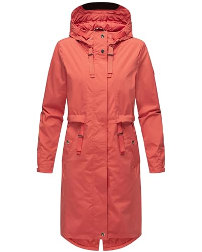 Navahoo Damen Leichter Übergangsmantel Kurzmantel lang mit Verstellbarer Kapuze Silberperlee Coral Red Gr. S von Navahoo