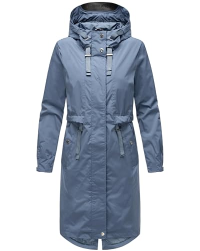 Navahoo Damen Leichter Übergangsmantel Kurzmantel lang mit Verstellbarer Kapuze Silberperlee Dusty Blue Gr. XL von Navahoo