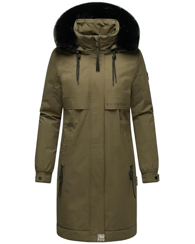 Navahoo Damen Mantel Lange warme Winterjacke mit Kunstfell und Kapuze (beides abnehmbar) Kaltwetterretter 14 Olive Forest Gr. 3XL von Navahoo