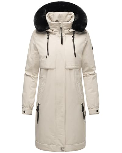 Navahoo Damen Mantel Lange warme Winterjacke mit Kunstfell und Kapuze (beides abnehmbar) Kaltwetterretter 14 Pearl Grey Gr. M von Navahoo