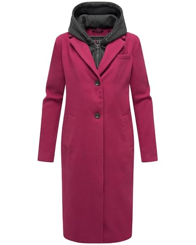 Navahoo Damen Mantel in Woll-Optik Langer Trenchcoat leicht Oversized mit (abnehmbarem) Kapuzen-Einsatz aus Sweat-Material Kekstraum 14 Berry Wine Gr. L von Navahoo