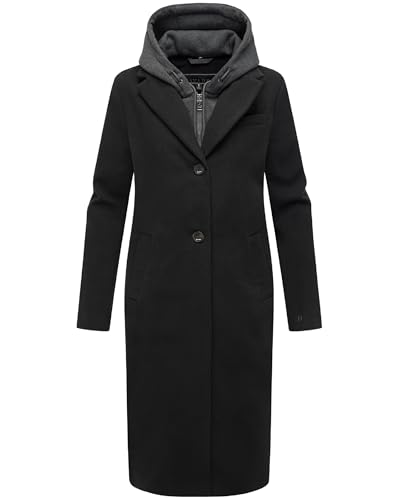 Navahoo Damen Mantel in Woll-Optik Langer Trenchcoat leicht Oversized mit (abnehmbarem) Kapuzen-Einsatz aus Sweat-Material Kekstraum 14 Black Gr. 3XL von Navahoo