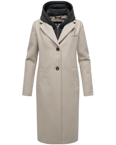 Navahoo Damen Mantel in Woll-Optik Langer Trenchcoat leicht Oversized mit (abnehmbarem) Kapuzen-Einsatz aus Sweat-Material Kekstraum 14 Bone Gr. 3XL von Navahoo