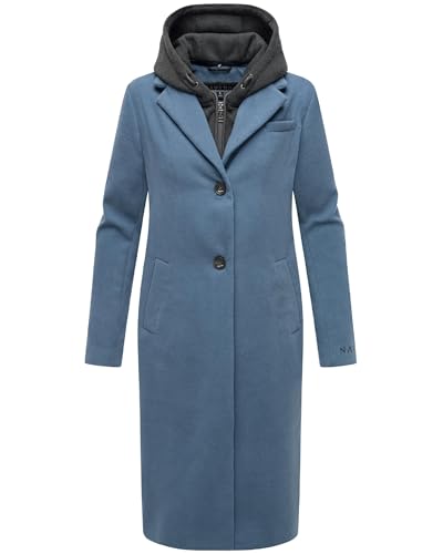 Navahoo Damen Mantel in Woll-Optik Langer Trenchcoat leicht Oversized mit (abnehmbarem) Kapuzen-Einsatz aus Sweat-Material Kekstraum 14 Dusty Blue Gr. L von Navahoo