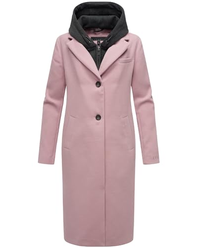 Navahoo Damen Mantel in Woll-Optik Langer Trenchcoat leicht Oversized mit (abnehmbarem) Kapuzen-Einsatz aus Sweat-Material Kekstraum 14 Lilac Rose Gr. L von Navahoo