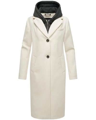 Navahoo Damen Mantel in Woll-Optik Langer Trenchcoat leicht Oversized mit (abnehmbarem) Kapuzen-Einsatz aus Sweat-Material Kekstraum 14 Off White Gr. XS von Navahoo