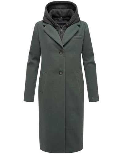 Navahoo Damen Mantel in Woll-Optik Langer Trenchcoat leicht Oversized mit (abnehmbarem) Kapuzen-Einsatz aus Sweat-Material Kekstraum 14 Stone Green Gr. M von Navahoo
