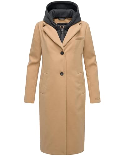 Navahoo Damen Mantel in Woll-Optik langer Trenchcoat leicht oversized mit (abnehmbarem) Kapuzen-Einsatz aus Sweat-Material Kekstraum 14 Camel Gr. L von Navahoo