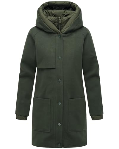 Navahoo Damen Mantel lange Übergangsjacke Kurzmantel in Wolloptik mit Kapuze und (abnehmbarem) Stepp-Einsatz Flauschwunder 14 Dark Olive Gr. M von Navahoo