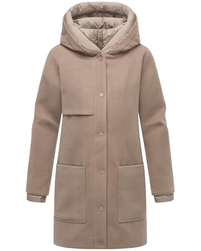 Navahoo Damen Mantel lange Übergangsjacke Kurzmantel in Wolloptik mit Kapuze und (abnehmbarem) Stepp-Einsatz Flauschwunder 14 Taupe Grey Gr. S von Navahoo