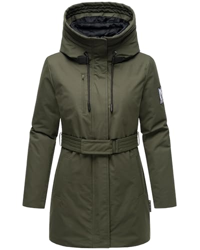 Navahoo Damen Parka Lange Winterjacke warm mit Taillengürtel und (abnehmbaren) Fleece-Kragen Eishauch 14 Dark Olive Gr. L von Navahoo