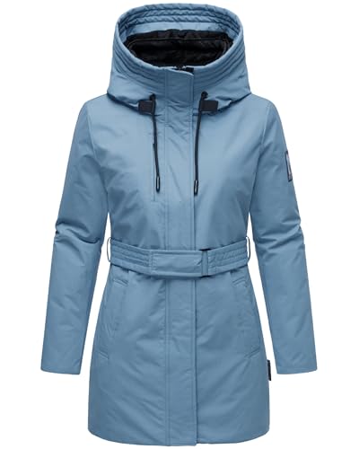 Navahoo Damen Parka Lange Winterjacke warm mit Taillengürtel und (abnehmbaren) Fleece-Kragen Eishauch 14 Powder Blue Gr. L von Navahoo