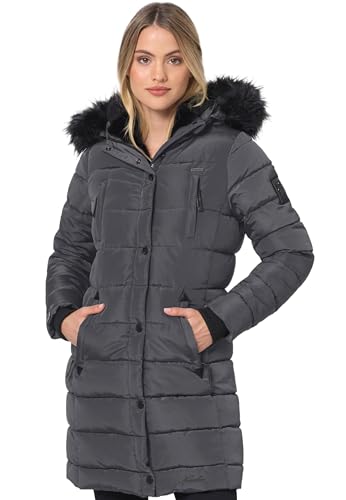 Navahoo Winterjacke Damen - Wasserabweisend, Warm, Kapuze, Winddicht - Wintermantel Lang, Mantel Frauen, Teddyfell gefüttert - Stehkragen, 7 Taschen, verlängerter Zipper - Anthr L von Navahoo