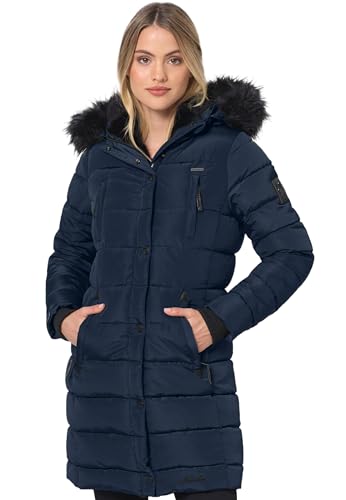 Navahoo Winterjacke Damen - Wasserabweisend, Warm, Kapuze, Winddicht - Wintermantel Lang, Mantel Frauen, Teddyfell gefüttert - Stehkragen, 7 Taschen, verlängerter Zipper - Navy L von Navahoo