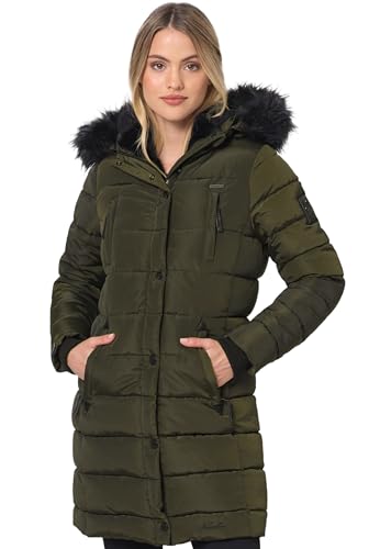 Navahoo Winterjacke Damen - Wasserabweisend, Warm, Kapuze, Winddicht - Wintermantel Lang, Mantel Frauen, Teddyfell gefüttert - Stehkragen, 7 Taschen, verlängerter Zipper - Olive S von Navahoo