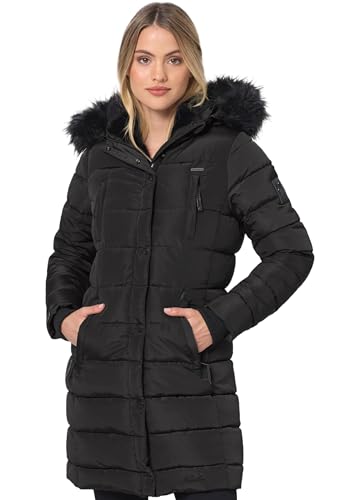 Navahoo Winterjacke Damen - Wasserabweisend, Warm, Kapuze, Winddicht - Wintermantel Lang, Mantel Frauen, Teddyfell gefüttert - Stehkragen, 7 Taschen, verlängerter Zipper - Schwarz S von Navahoo