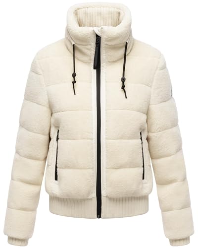 Navahoo Damen Teddy-Fleecejacke warme Winterjacke Plüschjacke mit Rippstrickdetails Schneepuder 14 Offwhite Gr. M von Navahoo
