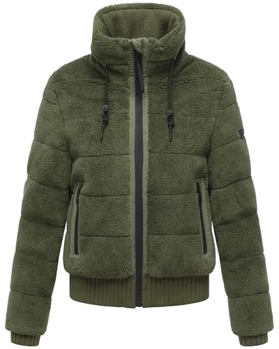 Navahoo Damen Teddy-Fleecejacke warme Winterjacke Plüschjacke mit Rippstrickdetails Schneepuder 14 Olive Leaf Gr. S von Navahoo