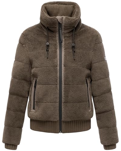 Navahoo Damen Teddy-Fleecejacke warme Winterjacke Plüschjacke mit Rippstrickdetails Schneepuder 14 Stone Brown Gr. S von Navahoo