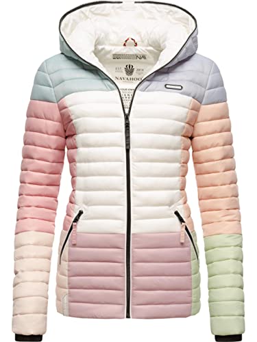 Navahoo Damen Übergangsjacke Colorblocking leichte Steppjacke mit Kapuze Multikulti Multicolour Pastel Gr. S von Navahoo